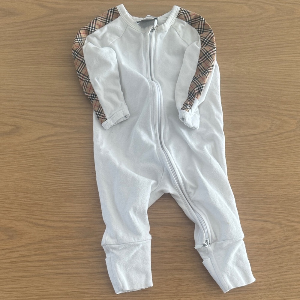 Burberry White Baby One-Piece Footie with Vintage Check Trim